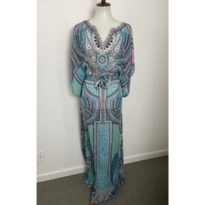Hale Bob Dress Maxi V Neck Print Sheer Silk